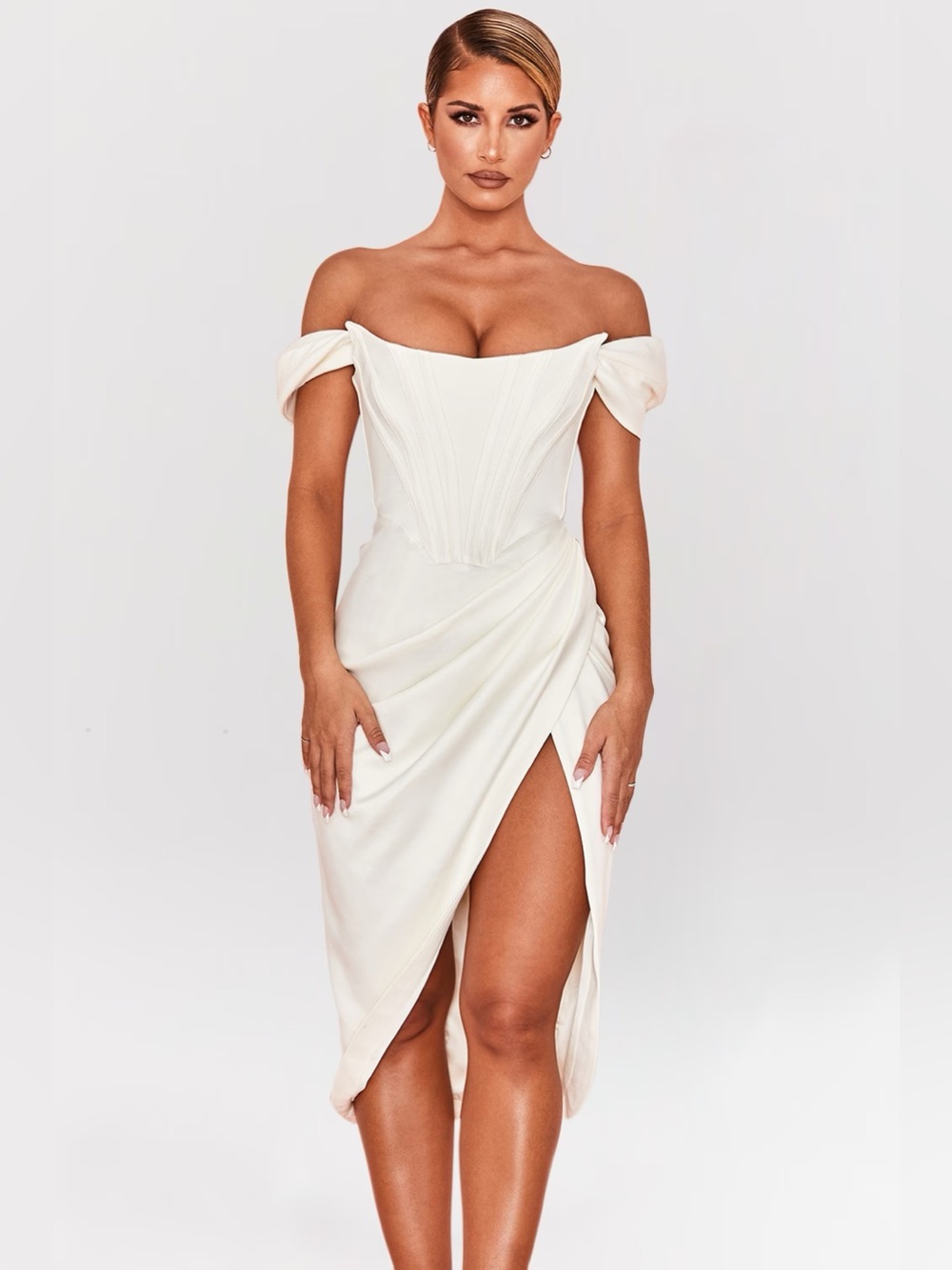 House of CB Loretta Ivory Satin Off Shoulder Dress